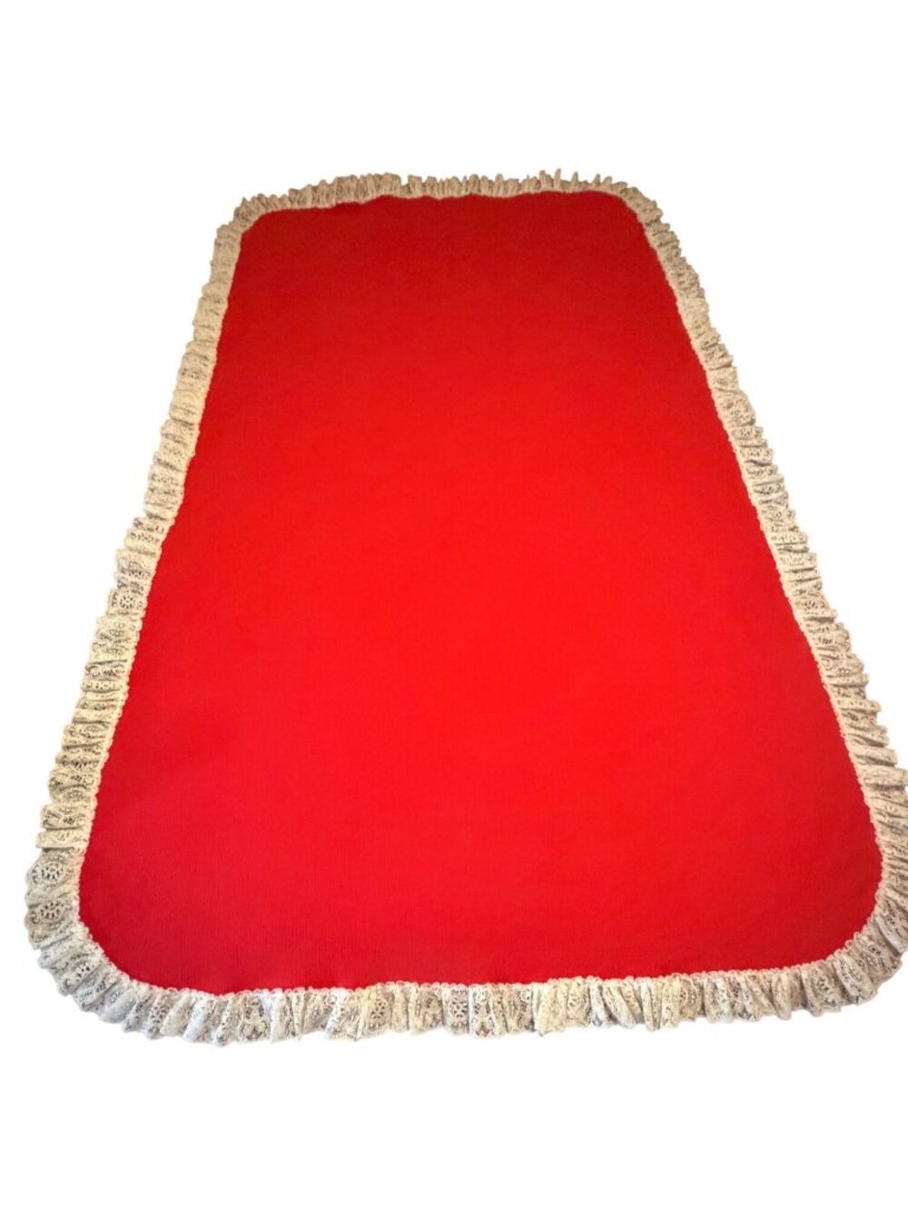 VINTAGE Rectangular Red Handmade Tablecloth w/Ruffled White Lace Trim 37" x 66"